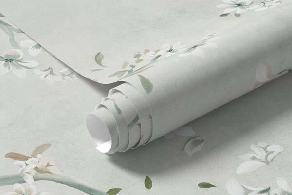 Tapet Ramuri cu flori albe pe un spalier decorativ verde, Imagini de fundal unice, w05923v2 : Uwalls.ro