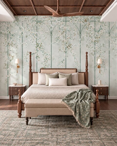 Tapet Ramuri cu flori albe pe un spalier decorativ verde, Imagini de fundal unice, w05923v2 : Uwalls.ro