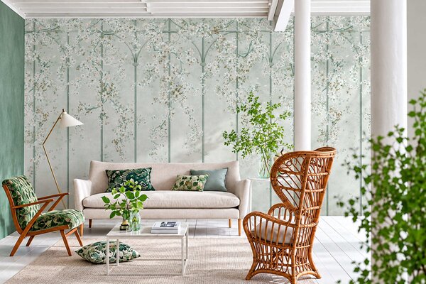 Tapet Ramuri cu flori albe pe un spalier decorativ verde, Imagini de fundal unice, w05923v2 : Uwalls.ro