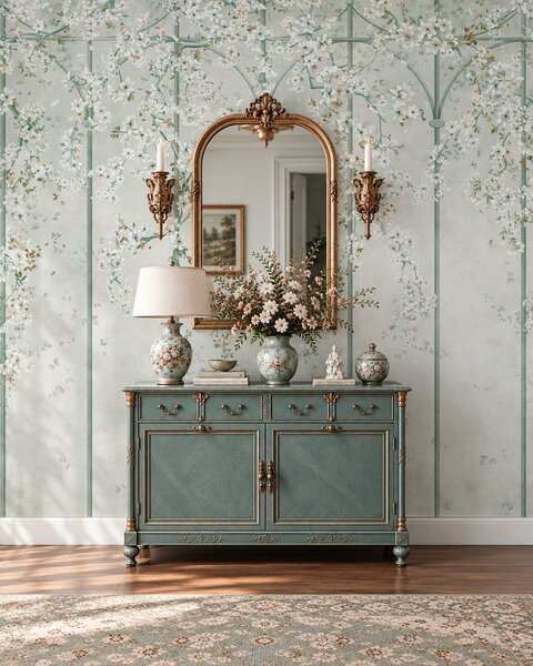 Tapet Ramuri cu flori albe pe un spalier decorativ verde, Imagini de fundal unice, w05923v2 : Uwalls.ro
