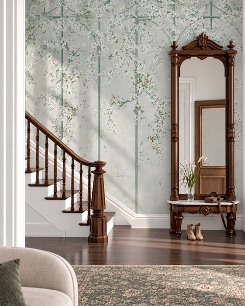 Tapet Ramuri cu flori albe pe un spalier decorativ verde, Imagini de fundal unice, w05923v2 : Uwalls.ro