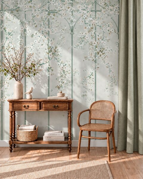 Tapet Ramuri cu flori albe pe un spalier decorativ verde, Imagini de fundal unice, w05923v2 : Uwalls.ro