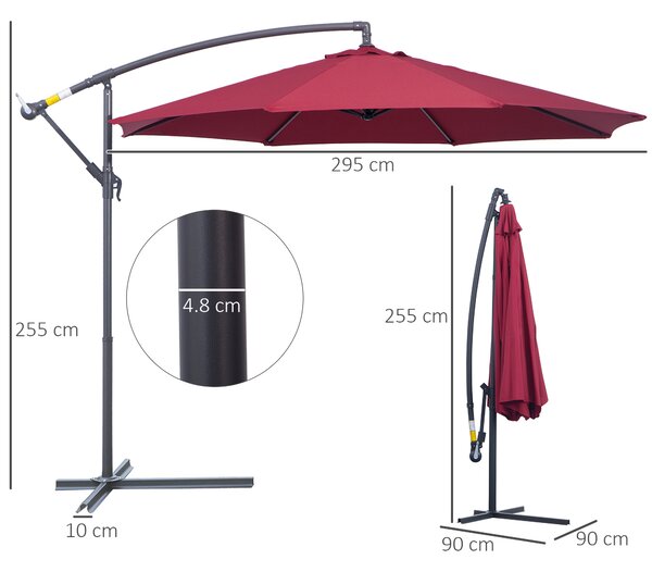 Umbrela Parasolara Decentrata Outsunny, Metal, Bordeaux, Φ3x2.6m | Aosom Romania