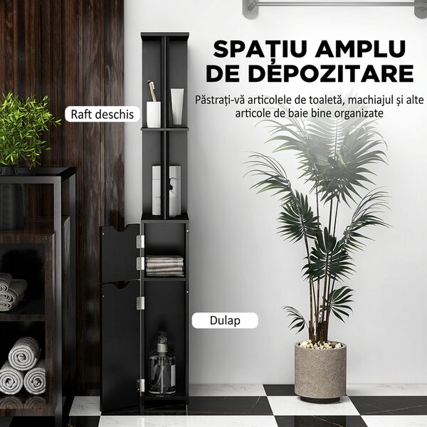 Kleankin Coloană de Baie cu 2 Rafturi și 2 Dulapuri, Mobilier Înalt de Baie Spațios din MDF, 15,2x29,8x118 cm, Negru | Aosom Romania
