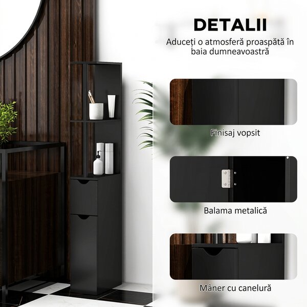 Kleankin Coloană de Baie cu 2 Rafturi și 2 Dulapuri, Mobilier Înalt de Baie Spațios din MDF, 15,2x29,8x118 cm, Negru | Aosom Romania