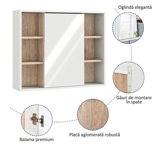 HOMCOM Dulap cu Oglinda din MDF si PAL, Dulap de Baie cu 3 Rafturi Laterale si Raft Interior Reglabil, 60x14.5x49.4 cm, Alb si Lemn Natur | Aosom RO