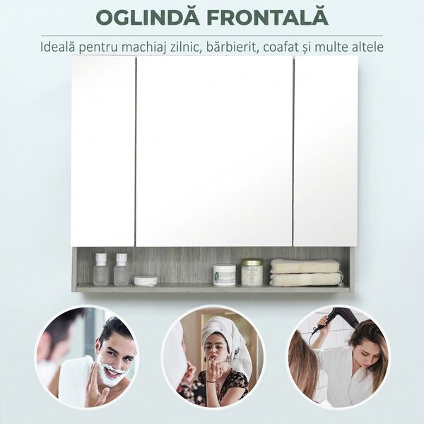 Kleankin Dulap cu Oglindă cu 4 Secțiuni și Rafturi Reglabile, Oglindă de Baie din Lemn și Sticlă, 90x15x75 cm, Gri | Aosom Romania