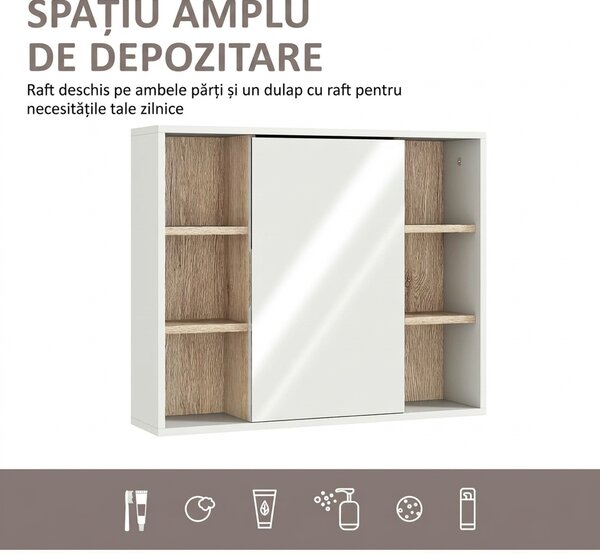 HOMCOM Dulap cu Oglinda din MDF si PAL, Dulap de Baie cu 3 Rafturi Laterale si Raft Interior Reglabil, 60x14.5x49.4 cm, Alb si Lemn Natur | Aosom RO
