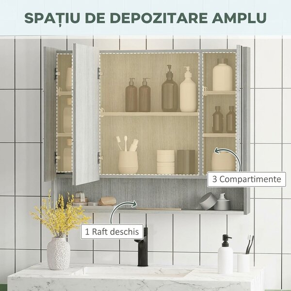 Kleankin Dulap cu Oglindă cu 4 Secțiuni și Rafturi Reglabile, Oglindă de Baie din Lemn și Sticlă, 90x15x75 cm, Gri | Aosom Romania