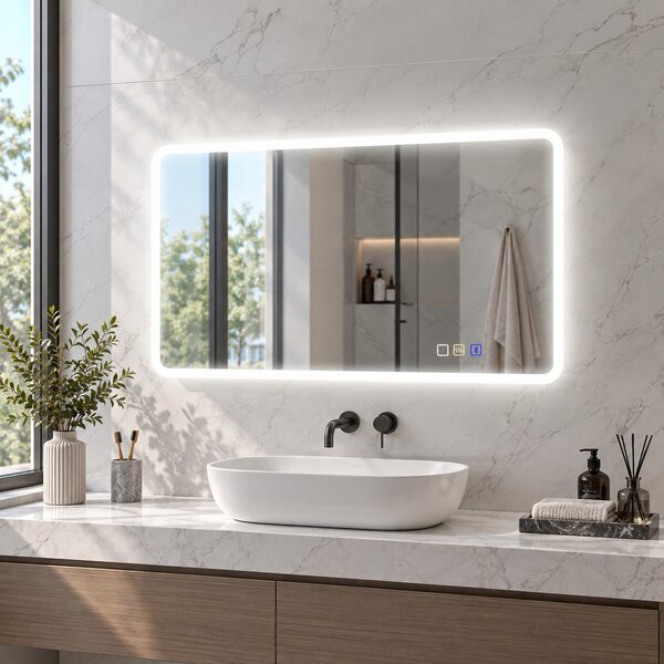 HOMCOM Oglindă de baie LED bluetooth 70 x 90 cm interruptor tactil lumină reglabilă 3 culori anti-abur memorie argintiu | Aosom Romania