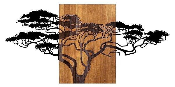 Decoratiune perete ACACIA TREE-329, negru/stejar, metal/lemn, 144x3x70
