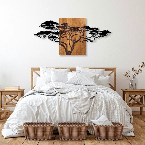 Decoratiune perete ACACIA TREE-329, negru/stejar, metal/lemn, 144x3x70