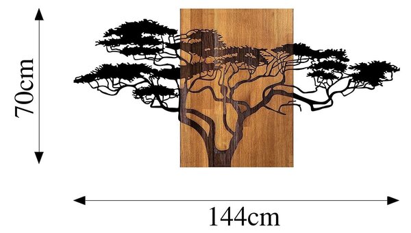 Decoratiune perete ACACIA TREE-329, negru/stejar, metal/lemn, 144x3x70