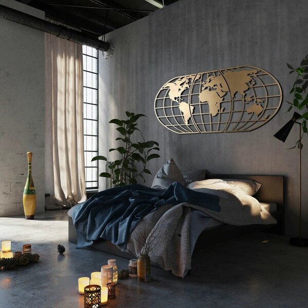 Decoratiune perete WORLD MAP GLOBE, auriu, metal, 120x60 cm