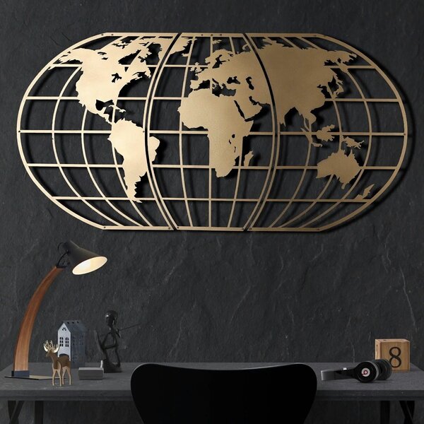 Decoratiune perete WORLD MAP GLOBE, auriu, metal, 120x60 cm