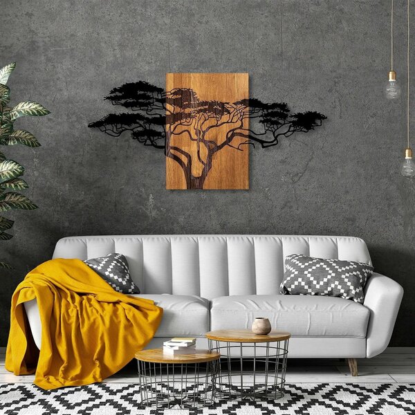 Decoratiune perete ACACIA TREE-329, negru/stejar, metal/lemn, 144x3x70