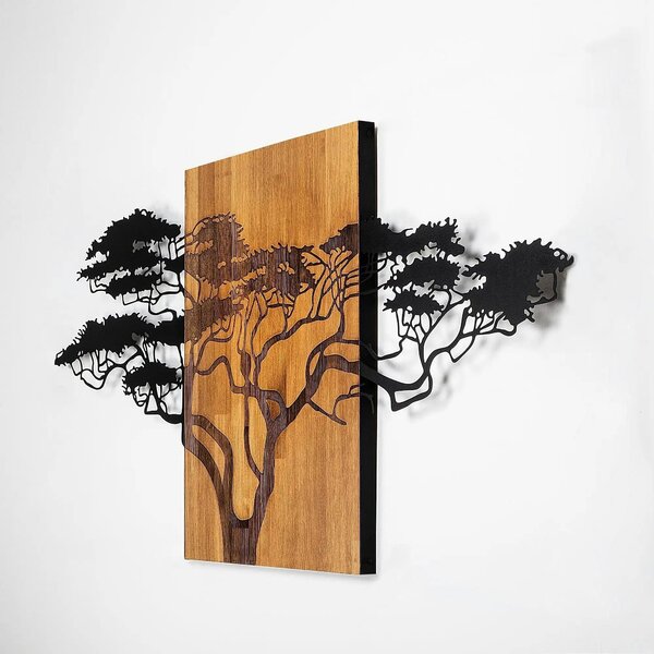 Decoratiune perete ACACIA TREE-329, negru/stejar, metal/lemn, 144x3x70
