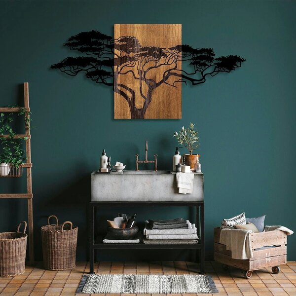 Decoratiune perete ACACIA TREE-329, negru/stejar, metal/lemn, 144x3x70