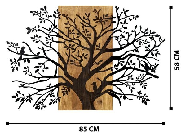 Decoratiune perete KAVAK, negru/stejar, metal/lemn, 85x58 cm