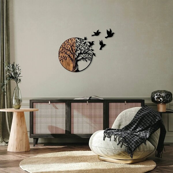 Decoratiune perete TREE AND BIRDS 322, negru/nuc, metal/lemn, 92x3x71