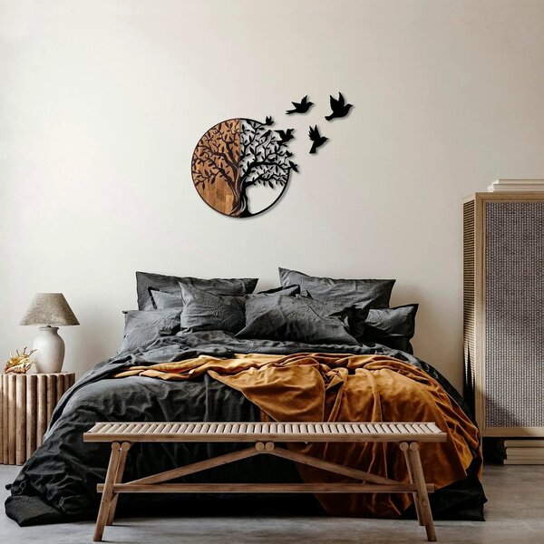 Decoratiune perete TREE AND BIRDS 322, negru/nuc, metal/lemn, 92x3x71