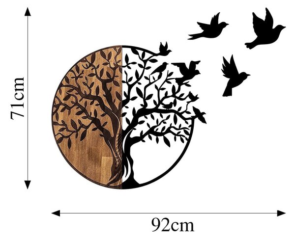 Decoratiune perete TREE AND BIRDS 322, negru/nuc, metal/lemn, 92x3x71