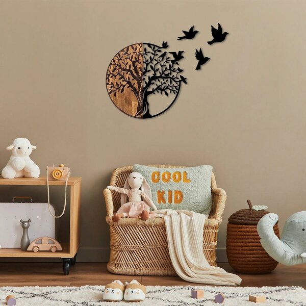 Decoratiune perete TREE AND BIRDS 322, negru/nuc, metal/lemn, 92x3x71