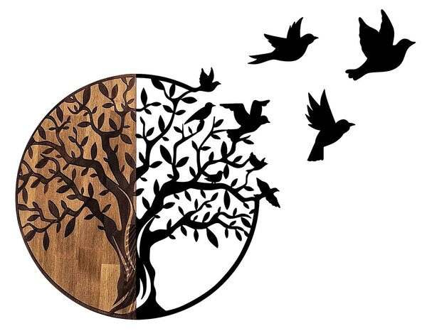 Decoratiune perete TREE AND BIRDS 322, negru/nuc, metal/lemn, 92x3x71
