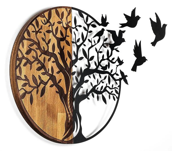 Decoratiune perete TREE AND BIRDS 322, negru/nuc, metal/lemn, 92x3x71