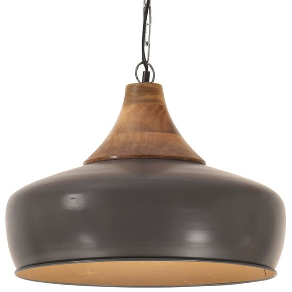 Lampă suspendată industrială, gri, 35 cm, lemn masiv&fier, E27
