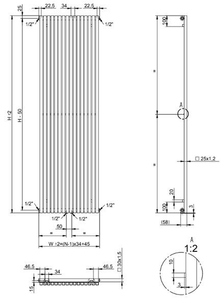 AG Evo Line Eterna Uno calorifer de cameră 180x55.5 cm podłączenie inferior AG.ETVU.180.55.Q
