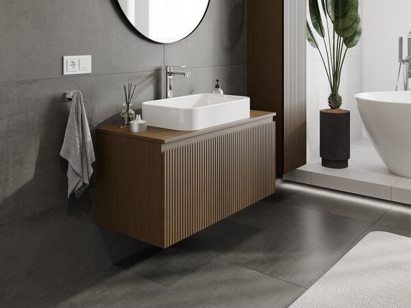 Mexen Rivel, mobilier de baie 100 cm cu blat, 1 sertar, canelat, nuc, 91A20-10047-1-BFC86