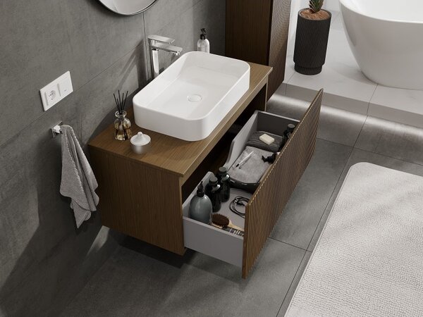 Mexen Rivel, mobilier de baie 100 cm cu blat, 1 sertar, canelat, nuc, 91A20-10047-1-BFC86