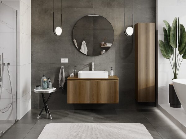 Mexen Rivel, mobilier de baie 100 cm cu blat, 1 sertar, canelat, nuc, 91A20-10047-1-BFC86