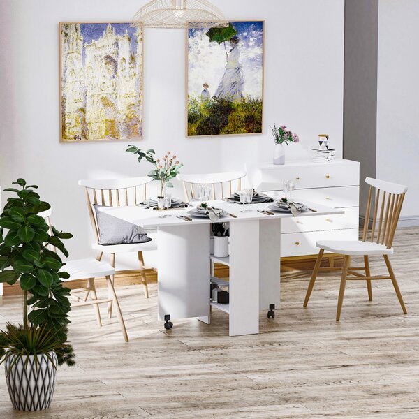 HOMCOM Masă Pliabilă pentru 4-6 Persoane cu 2 Roți și 2 rafturi depozitare, 140x75x74cm, Alb | Aosom Romania