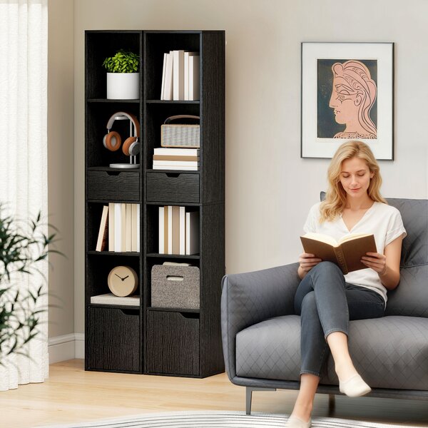 HOMCOM Bibliotecă cu 4 Rafturi Deschise, Dulap și Sertar, 30x24x158 cm, Negru | Aosom Romania