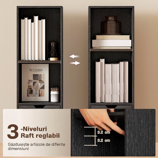 HOMCOM Bibliotecă cu 4 Rafturi Deschise, Dulap și Sertar, 30x24x158 cm, Negru | Aosom Romania