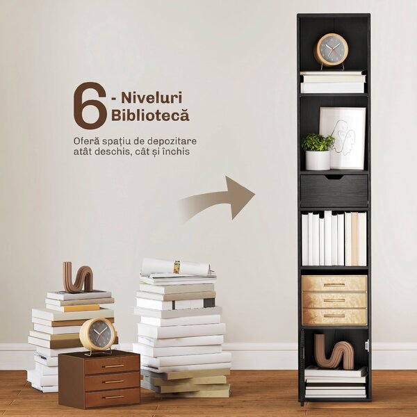 HOMCOM Bibliotecă cu 4 Rafturi Deschise, Dulap și Sertar, 30x24x158 cm, Negru | Aosom Romania