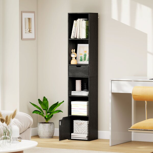 HOMCOM Bibliotecă cu 4 Rafturi Deschise, Dulap și Sertar, 30x24x158 cm, Negru | Aosom Romania