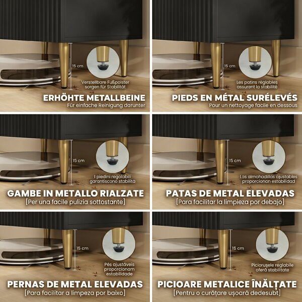 HOMCOM Comodă Modernă cu 2 Uși și Raft Reglabil, Bufet pentru Bucătărie și Living cu Picioare din Metal, Negru | Aosom Romania