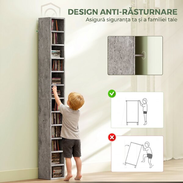 HOMCOM Raft Bibliotecă Pentru CD-uri cu 12 Polițe pentru 204 CD-uri, din MDF și PAL, 21 x 20 x 175 cm, Gri | Aosom Romania