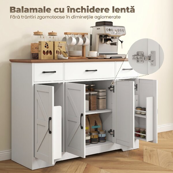 HOMCOM Bufet Bucătărie Rustic, Bufet cu Uși Soft-Close, 3 Sertare, 3 Rafturi Reglabile, Portaspecii, PAL, MDF, Alb | Aosom Romania