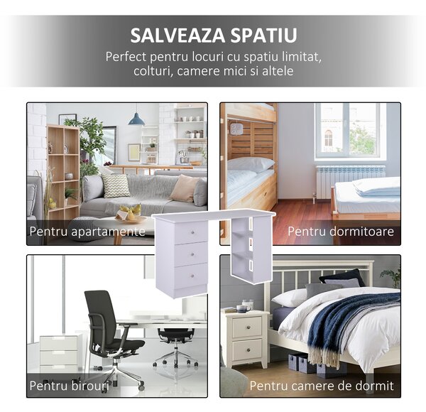 Masa de Birou HOMCOM cu Sertare si Rafturi Torpedou, Alb, 120x49x72cm | Aosom RO