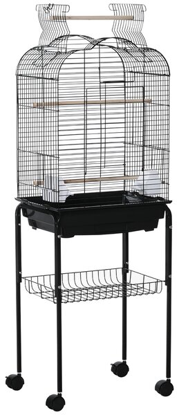 PawHut Colivie pentru Pasari cu 3 Stinghii, 2 Boluri si 2 Usi Laterale, Colivie pentru Animale din Otel, PP si Lemn, 46x36x130 cm, Neagra