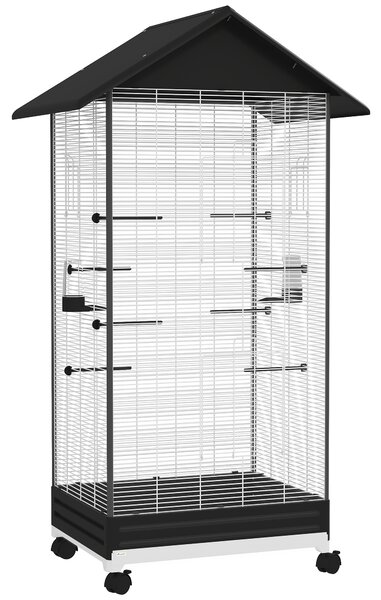 PawHut Colivie pentru Păsări, Volieră cu Tavă Detașabilă, Roți Pivotante și Hrănitoare, 79x65x155 cm, Negru | Aosom Romania