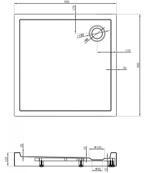 Mexen Flow+, cădiță de duș pătrată 90 x 90 cm, alb lucios, 46S109090H