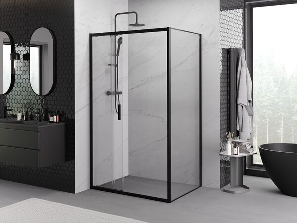 Mexen Exo, cabină de duș glisantă, ușă 80 cm + perete lateral 90 cm, sticlă transparentă, neagră, 8153-080-090-70-00