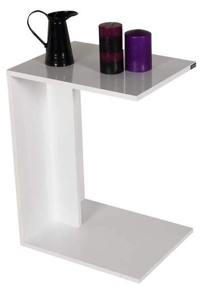 Masuta Cafea Laterala Adore C shape cu roti, Alb - Nuc - Stejar - Mov, 35x65x45 cm