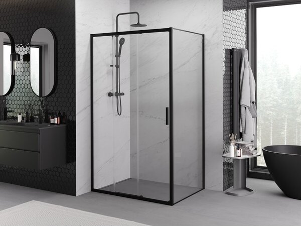 Mexen Exo, cabină de duș glisantă, ușă 80 cm + perete lateral 90 cm, sticlă transparentă, neagră, 8153-080-090-70-00