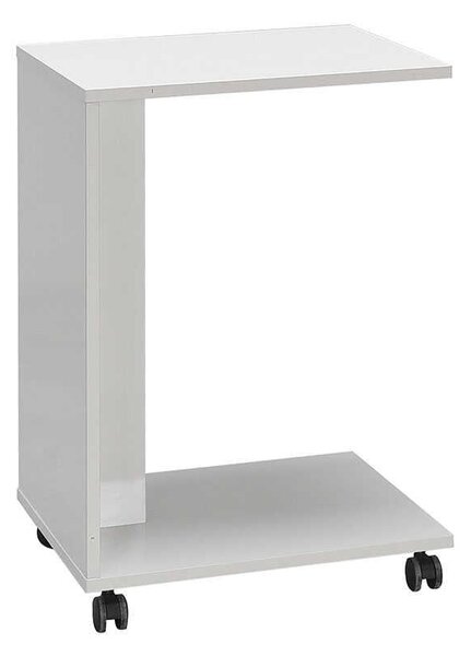 Masuta Cafea Laterala Adore C shape cu roti, Alb - Nuc - Stejar - Mov, 35x65x45 cm